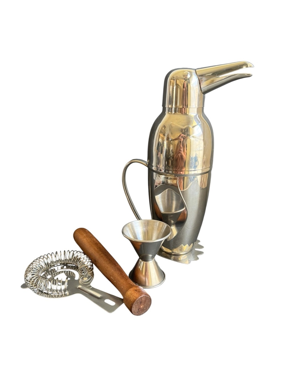 Penguin Cocktail Shaker & Bar Tools Set Silver Tone Vintage Art Deco Style Retro